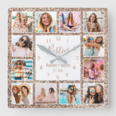 Custom Foto Collage Besties Rose Gold Glitzer Quadratische Wanduhr (Vorderseite)