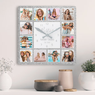 Custom Foto Collage Besties Silver Glitzer Glam Quadratische Wanduhr