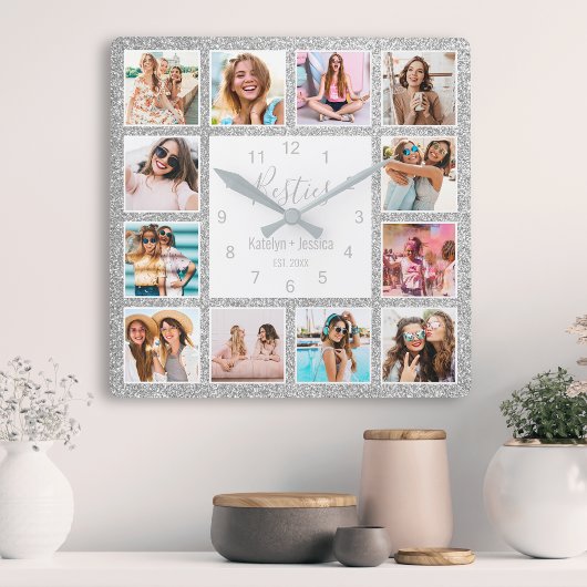 Custom Foto Collage Besties Silver Glitzer Glam Quadratische Wanduhr