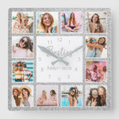 Custom Foto Collage Besties Silver Glitzer Quadratische Wanduhr (Vorderseite)