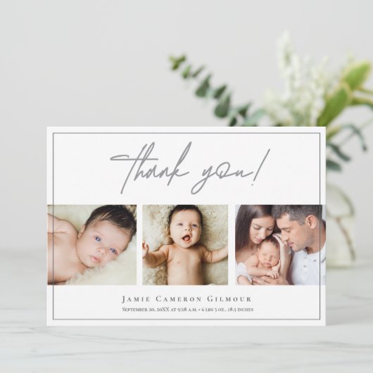 Custom Foto Collage Einfaches Script Baby Dankeskarte (Stehend Vorderseite)