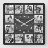 Custom Foto Collage Elegante Black Wood Familie Quadratische Wanduhr (Vorderseite)