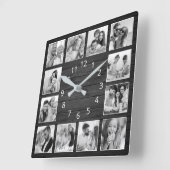 Custom Foto Collage Elegante Black Wood Familie Quadratische Wanduhr (Winkel)
