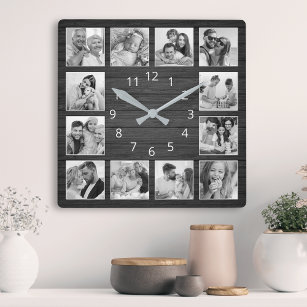 Custom Foto Collage Elegante Black Wood Familie Quadratische Wanduhr