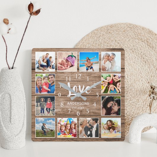 Custom Foto Collage Family Liebe Script Wood Quadratische Wanduhr