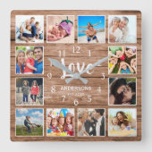 Custom Foto Collage Family Liebe Script Wood Quadratische Wanduhr (Vorderseite)