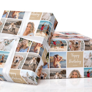 Custom Foto Collage Geburtstag Modern Gold Geschenkpapier
