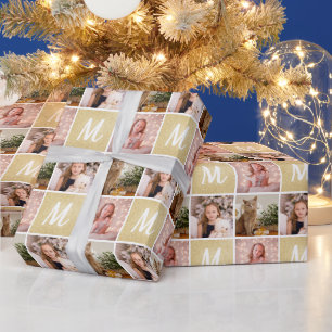 Custom Foto Collage Monogram Christmas Gold Geschenkpapier
