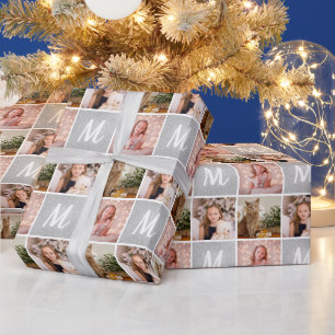 Custom Foto Collage Monogram Weihnachtssilber Geschenkpapier