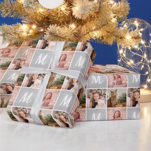 Custom Foto Collage Monogram Weihnachtssilber Geschenkpapier (Feiertage)