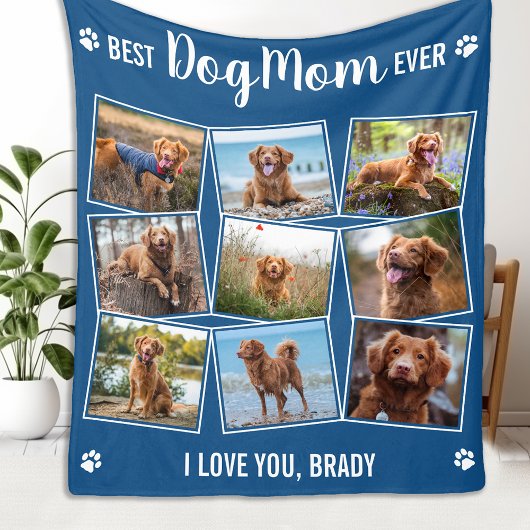 Custom Foto Collage Niedlich Moderne DOG MAMA Blau Fleecedecke