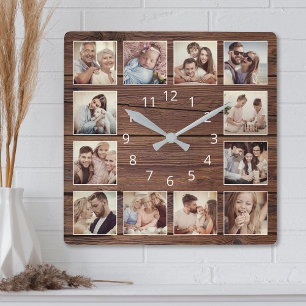 Custom Foto Collage Rustic Bauernfamilie Quadratische Wanduhr