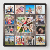Custom Foto Collage Rustic Farmhouse Family Baby Quadratische Wanduhr (Vorderseite)