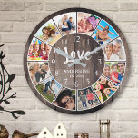 Custom Foto Collage Rustic Farmhouse Love Family Große Wanduhr<br><div class="desc">Erstellen Sie Ihre eigene personalisierte 12-Foto-Collage-Wand-Uhr im Foto Instagram mit Ihren individuellen Bildern auf einem rustikalen Holzputz-Hintergrund im Bauernstil. Die Uhr-Seite enthält auch Ihren Familiennamen, das etablierte Jahr und eine "Liebe" handgeschriebene Schrift. Fügen Sie Ihre Lieblings-Fotos, Designs oder Kunstwerke, um etwas wirklich Einzigartiges zu schaffen. Um diese Designvorlage zu bearbeiten,...</div>