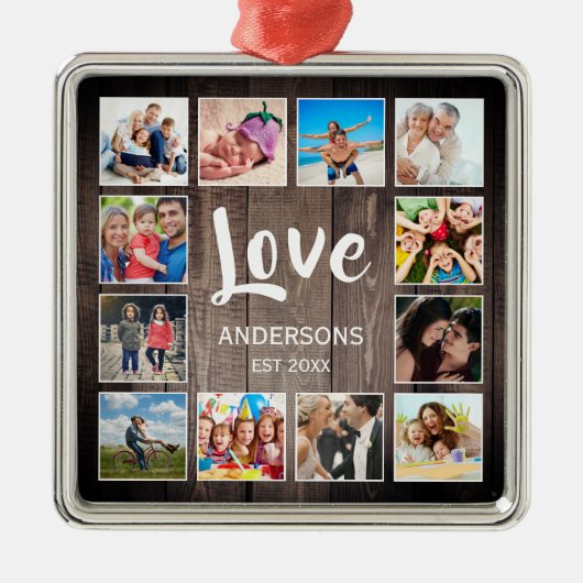 Custom Foto Collage Rustic Farmhouse Love Family Ornament Aus Metall (Vorne)