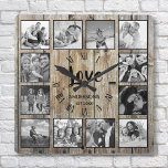 Custom Foto Collage Rustic Farmhouse Love Family Quadratische Wanduhr<br><div class="desc">Erstellen Sie Ihre eigene personalisierte 12-Foto-Collage, römische Hausmauer mit Ihren individuellen Bildern auf einem rustikalen Holzputz-Hintergrund. Die Uhr-Seite enthält auch Ihren Familiennamen, das etablierte Jahr und eine "Liebe" handgeschriebene Schrift. Fügen Sie Ihre Lieblings-Fotos, Designs oder Kunstwerke, um etwas wirklich Einzigartiges zu schaffen. Um diese Designvorlage zu bearbeiten, laden Sie einfach...</div>