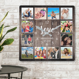 Custom Foto Collage Rustic Farmhouse Love Family Quadratische Wanduhr