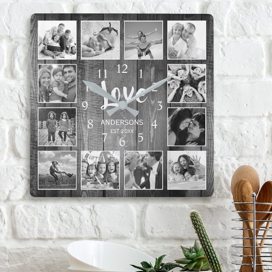 Custom Foto Collage Rustic Farmhouse Love Family Quadratische Wanduhr