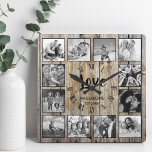 Custom Foto Collage Rustic Farmhouse Love Family Quadratische Wanduhr<br><div class="desc">Erstellen Sie Ihre eigene personalisierte 12-Foto-Collage, römische Hausmauer mit Ihren individuellen Bildern auf einem rustikalen Holzputz-Hintergrund. Die Uhr-Seite enthält auch Ihren Familiennamen, das etablierte Jahr und eine "Liebe" handgeschriebene Schrift. Fügen Sie Ihre Lieblings-Fotos, Designs oder Kunstwerke, um etwas wirklich Einzigartiges zu schaffen. Um diese Designvorlage zu bearbeiten, laden Sie einfach...</div>