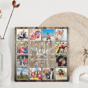 Custom Foto Collage Rustic Farmhouse Love Family Quadratische Wanduhr