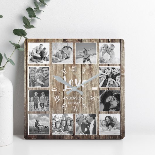 Custom Foto Collage Rustic Farmhouse Love Family Quadratische Wanduhr