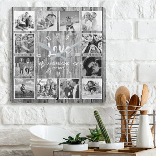 Custom Foto Collage Rustic Farmhouse Love Family Quadratische Wanduhr