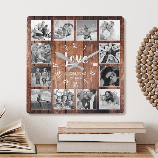 Custom Foto Collage Rustic Farmhouse Love Family Quadratische Wanduhr