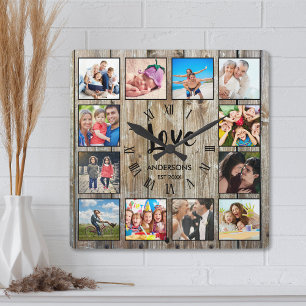 Custom Foto Collage Rustic Farmhouse Love Family Quadratische Wanduhr