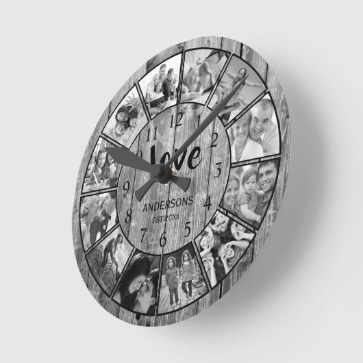 Custom Foto Collage Rustic Farmhouse Love Family Runde Wanduhr (Winkel)