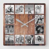 Custom Foto Collage Rustic Farmhouse Skript Quadratische Wanduhr (Vorderseite)