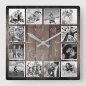 Custom Foto Collage Rustic Farmhouse Skript Quadratische Wanduhr (Vorderseite)