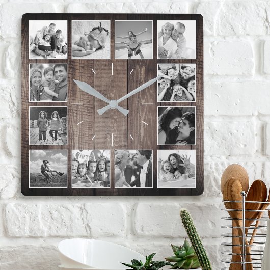 Custom Foto Collage Rustic Farmhouse Skript Quadratische Wanduhr