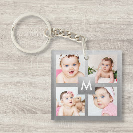 Custom Foto Collage Silver Monogram Baby Family Schlüsselanhänger