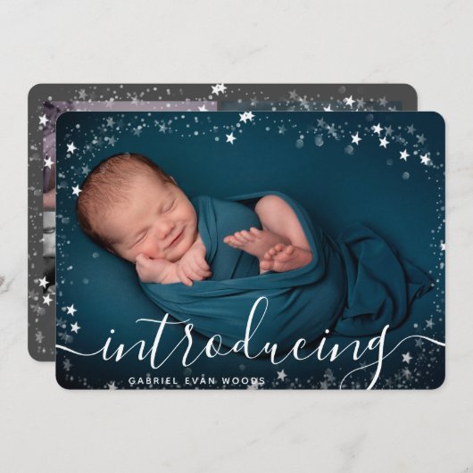 Custom Foto Collage Snowflake Overlay Xmas Geburt Ankündigung (Vorne/Hinten)