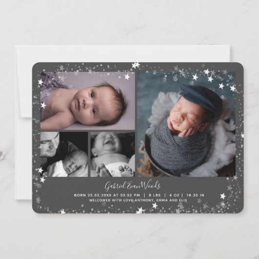 Custom Foto Collage Snowflake Overlay Xmas Geburt Ankündigung (Rückseite)