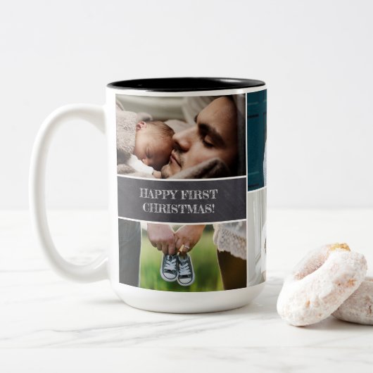 Custom Foto Collage Vater Glückwunsch Erstes Weihn Zweifarbige Tasse (Mit Donut)