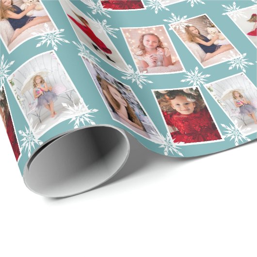 Custom Foto Collage Weihnachtsschneeflocken Geschenkpapier (Rolleneckpunkt)