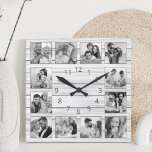 Custom Foto Collage White Elegant Holz Familie Quadratische Wanduhr<br><div class="desc">Die elegante Wanduhr aus weißem Holz mit Ihren individuellen Fotos ist einfach zu personalisieren. Die Vorlage verwendet einen Schwarz-Weiß-Foto-Filter,  um einen besser koordinierten Look zu erstellen. Um die besten Ergebnisse zu erzielen,  schneiden Sie die Bilder vor dem Hochladen auf Quadrat - mit dem Fokuspunkt in der Mitte.</div>
