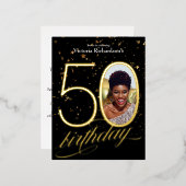 Custom Foto Confetti Black 50. Geburtstag Folie Einladungspostkarte (Vorderseite/Rückseite)