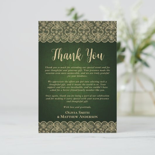 Custom Foto Danke Rustic Green Gold Lace (Stehend Vorderseite)