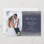 Custom Foto Dark Blue Silver Glitzer Hochzeit Dankeskarte (Vorderseite)