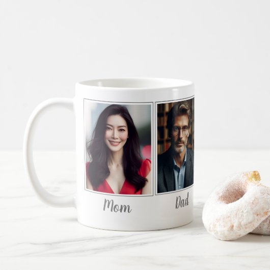 Custom Foto Dark Gray Mama Vater Son Daughter Fami Kaffeetasse (Mit Donut)