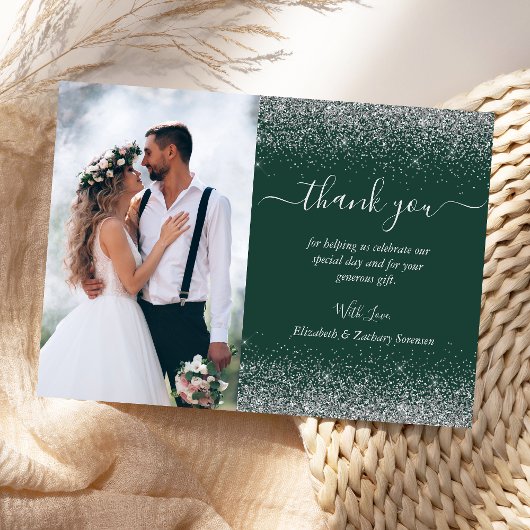 Custom Foto Dark Green Silver Glitzer Hochzeit Dankeskarte