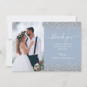 Custom Foto Dusty Blue Silver Glitzer Wedding Dankeskarte (Vorderseite)