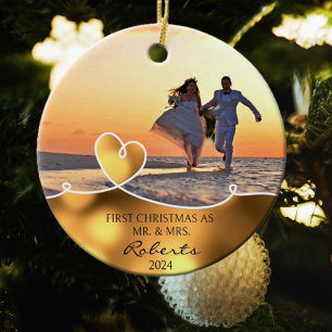 Custom Foto Erste Weihnachten als Mr. und Mrs. Keramik Ornament