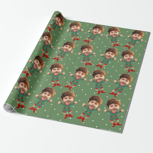 Custom Foto Face Fun Weihnachts Elf Kinderbild Geschenkpapier (Ungerollt)