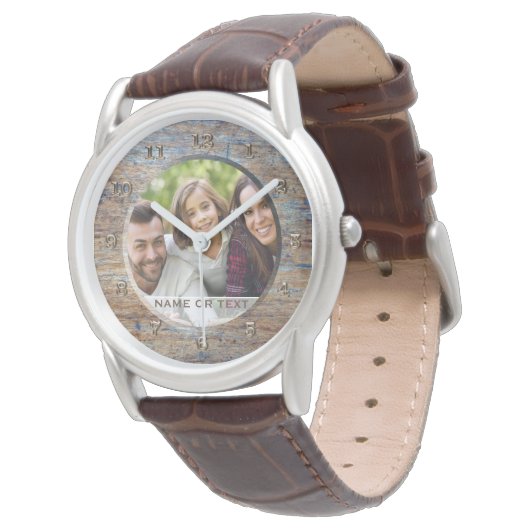 Custom Foto Fathers Day Watch Vater Rustic Armbanduhr (Schrägansicht)