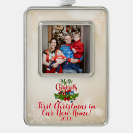 Custom Foto First Christmas in New Zuhause Ornamen Rahmen-Ornament Silber