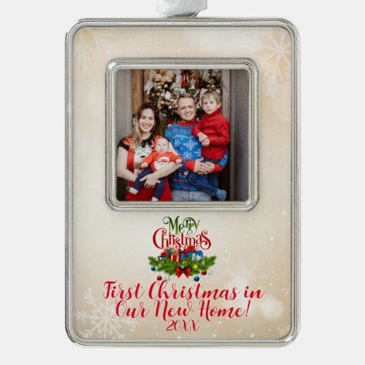 Custom Foto First Christmas in New Zuhause Ornamen Rahmen-Ornament Silber (Vorderseite)