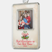 Custom Foto First Christmas in New Zuhause Ornamen Rahmen-Ornament Silber (Links)